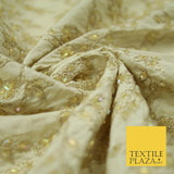 Luxury BEIGE GOLD Floral Beaded HAND EMBROIDERED 100% PURE SILK Fabric 46" 4500