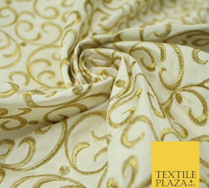 Luxury CREAM GOLD Intricate Swirls Embroidered 100% PURE SILK Fabric 45" 4509