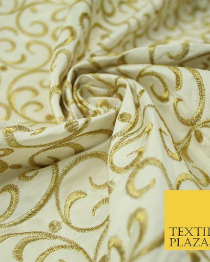 Luxury CREAM GOLD Intricate Swirls Embroidered 100% PURE SILK Fabric 45" 4509