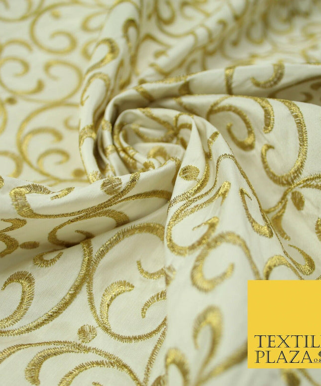 Luxury CREAM GOLD Intricate Swirls Embroidered 100% PURE SILK Fabric 45" 4509