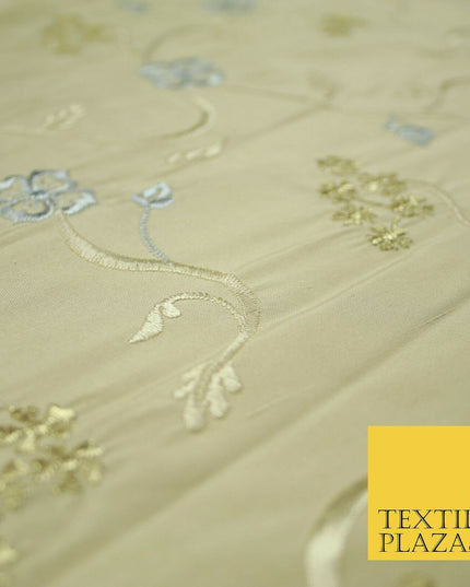 Luxury GOLD Floral Ribbon Embroidered 100% PURE SILK Fabric Furnishing 44" 4513