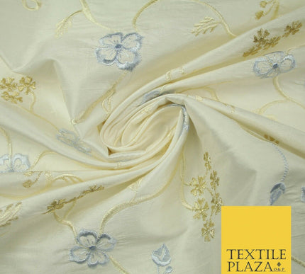 Luxury OYSTER Floral Ribbon Embroidered 100% PURE SILK Fabric Furnishing 44"4511