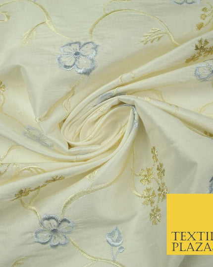 Luxury OYSTER Floral Ribbon Embroidered 100% PURE SILK Fabric Furnishing 44"4511