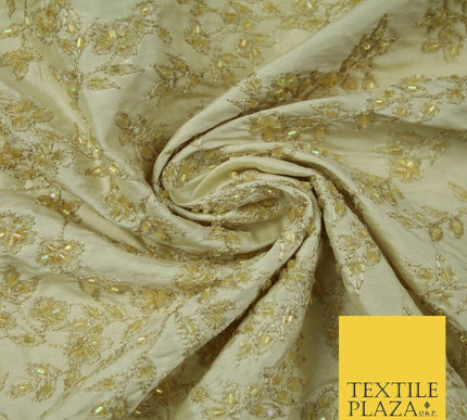 Luxury BEIGE GOLD Floral Beaded HAND EMBROIDERED 100% PURE SILK Fabric 46" 4500