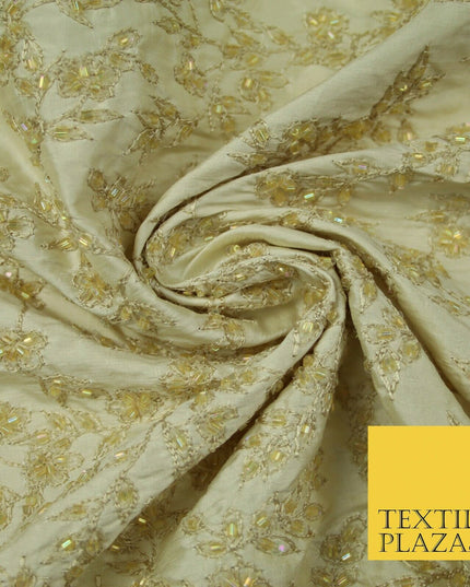Luxury BEIGE GOLD Floral Beaded HAND EMBROIDERED 100% PURE SILK Fabric 46" 4500