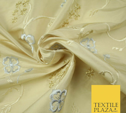 Luxury GOLD Floral Ribbon Embroidered 100% PURE SILK Fabric Furnishing 44" 4513