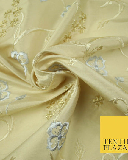 Luxury GOLD Floral Ribbon Embroidered 100% PURE SILK Fabric Furnishing 44" 4513