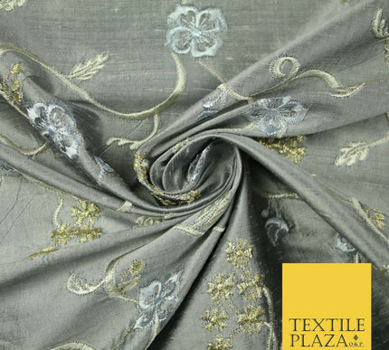 Luxury GREY Floral Ribbon Embroidered 100% PURE SILK Fabric Furnishing 44" 4512