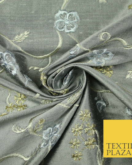 Luxury GREY Floral Ribbon Embroidered 100% PURE SILK Fabric Furnishing 44" 4512