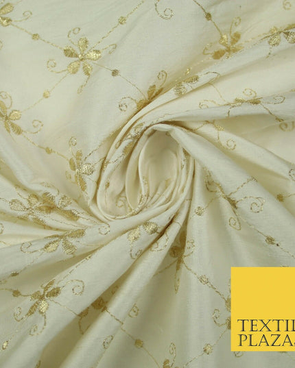 Luxury IVORY Floral Harlequin Flower Embroidered 100% PURE SILK Fabric 44" 4514