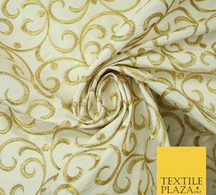 Luxury CREAM GOLD Intricate Swirls Embroidered 100% PURE SILK Fabric 45" 4509