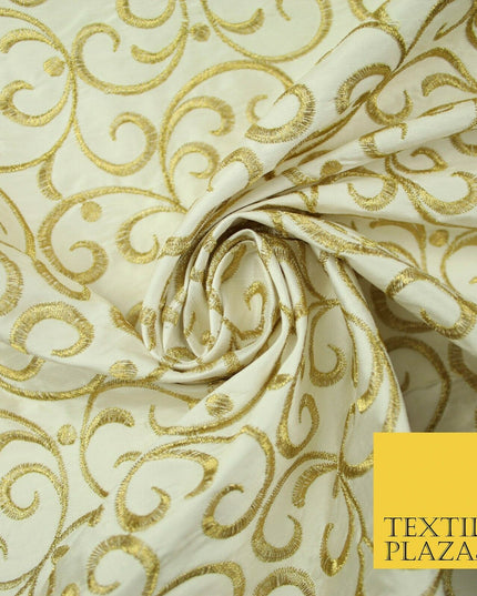 Luxury CREAM GOLD Intricate Swirls Embroidered 100% PURE SILK Fabric 45" 4509