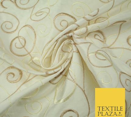 Luxury IVORY CREAM Ornamental Swirls Embroidered 100% PURE SILK Fabric 44" 4505