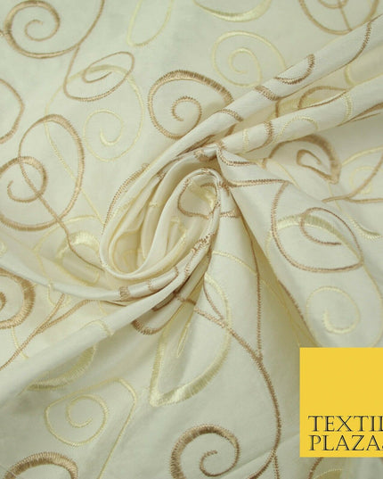 Luxury IVORY CREAM Ornamental Swirls Embroidered 100% PURE SILK Fabric 44" 4505