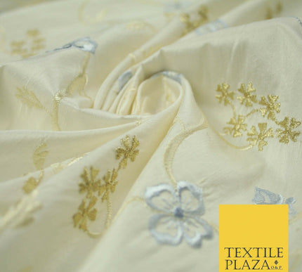 Luxury OYSTER Floral Ribbon Embroidered 100% PURE SILK Fabric Furnishing 44"4511