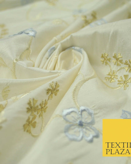 Luxury OYSTER Floral Ribbon Embroidered 100% PURE SILK Fabric Furnishing 44"4511