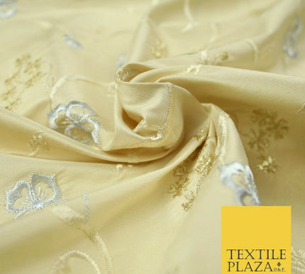Luxury GOLD Floral Ribbon Embroidered 100% PURE SILK Fabric Furnishing 44" 4513