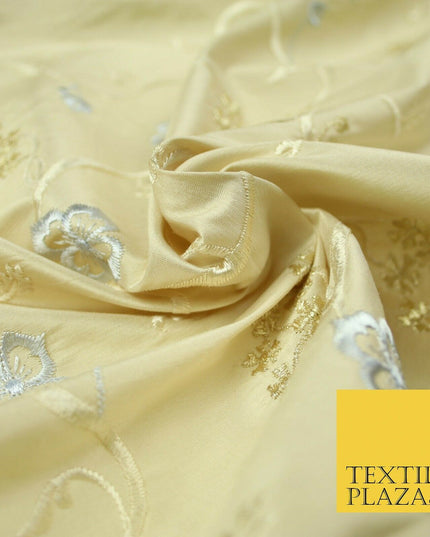 Luxury GOLD Floral Ribbon Embroidered 100% PURE SILK Fabric Furnishing 44" 4513