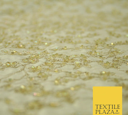 Luxury BEIGE GOLD Floral Beaded HAND EMBROIDERED 100% PURE SILK Fabric 46" 4500