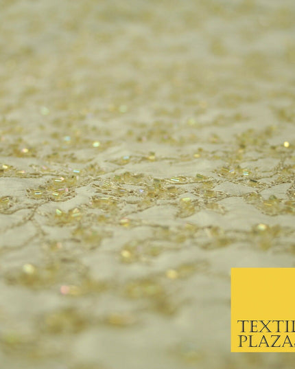 Luxury BEIGE GOLD Floral Beaded HAND EMBROIDERED 100% PURE SILK Fabric 46" 4500