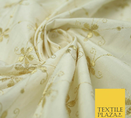 Luxury IVORY Floral Harlequin Flower Embroidered 100% PURE SILK Fabric 44" 4514