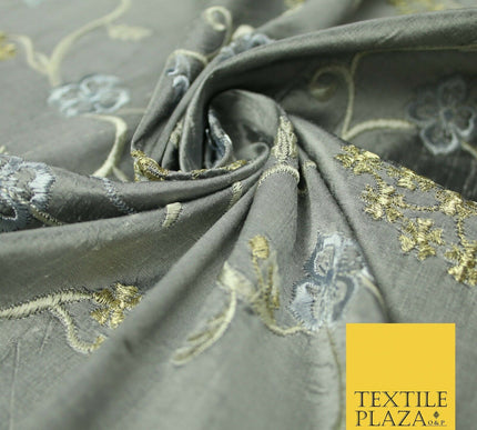 Luxury GREY Floral Ribbon Embroidered 100% PURE SILK Fabric Furnishing 44" 4512