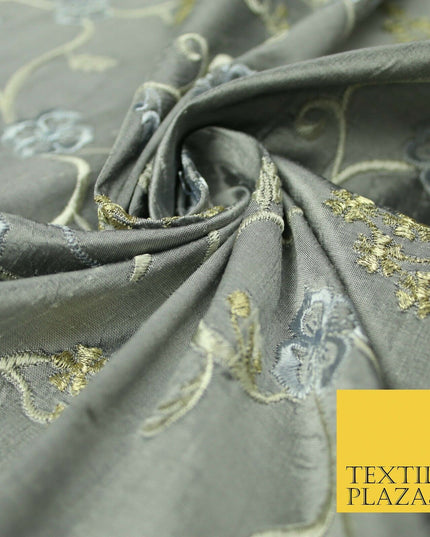 Luxury GREY Floral Ribbon Embroidered 100% PURE SILK Fabric Furnishing 44" 4512