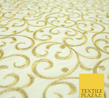 Luxury CREAM GOLD Intricate Swirls Embroidered 100% PURE SILK Fabric 45" 4509
