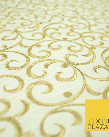 Luxury CREAM GOLD Intricate Swirls Embroidered 100% PURE SILK Fabric 45" 4509