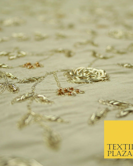Luxury OYSTER GOLD Zari Metallic HAND Embroidered 100% PURE SILK Fabric 48" 4504