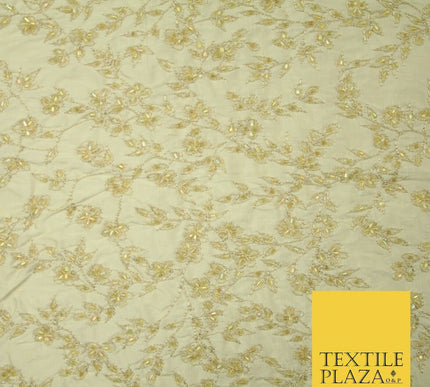 Luxury BEIGE GOLD Floral Beaded HAND EMBROIDERED 100% PURE SILK Fabric 46" 4500