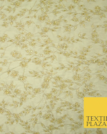 Luxury BEIGE GOLD Floral Beaded HAND EMBROIDERED 100% PURE SILK Fabric 46" 4500