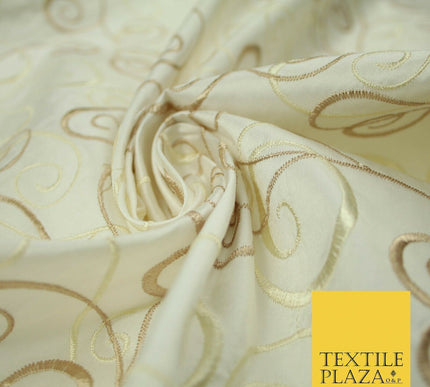 Luxury IVORY CREAM Ornamental Swirls Embroidered 100% PURE SILK Fabric 44" 4505