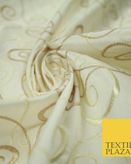 Luxury IVORY CREAM Ornamental Swirls Embroidered 100% PURE SILK Fabric 44" 4505