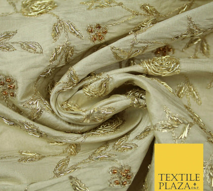 Luxury OYSTER GOLD Zari Metallic HAND Embroidered 100% PURE SILK Fabric 48" 4504