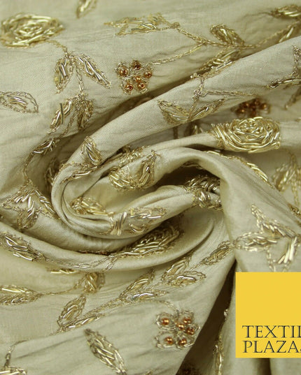 Luxury OYSTER GOLD Zari Metallic HAND Embroidered 100% PURE SILK Fabric 48" 4504