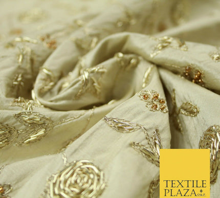 Luxury OYSTER GOLD Zari Metallic HAND Embroidered 100% PURE SILK Fabric 48" 4504