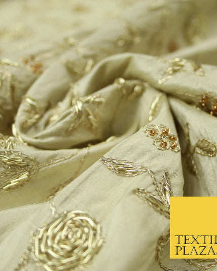 Luxury OYSTER GOLD Zari Metallic HAND Embroidered 100% PURE SILK Fabric 48" 4504