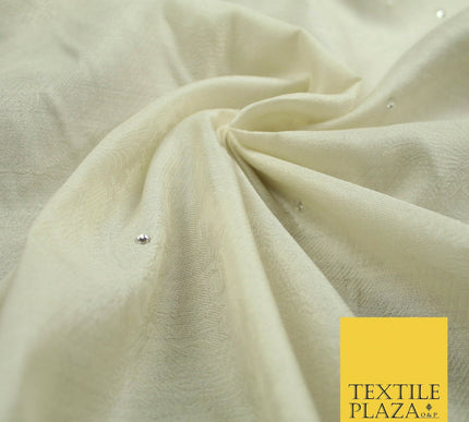 Luxury Ivory 100% PURE SILK JACQUARD Fabric with Silver SWAROVSKI Stones 4599