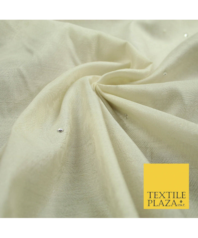 Luxury Ivory 100% PURE SILK JACQUARD Fabric with Silver SWAROVSKI Stones 4599