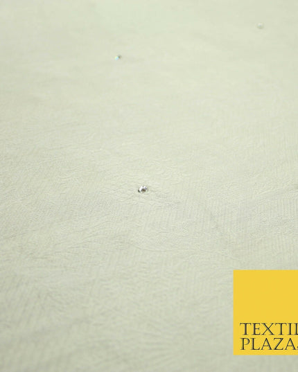 Luxury Ivory 100% PURE SILK JACQUARD Fabric with Silver SWAROVSKI Stones 4599