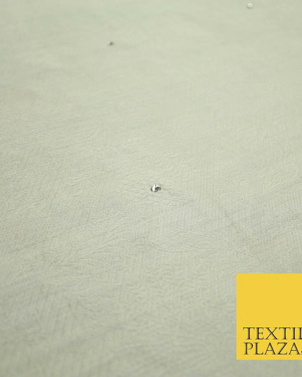 Luxury Ivory 100% PURE SILK JACQUARD Fabric with Silver SWAROVSKI Stones 4599