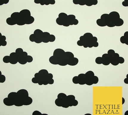 White with Black Dreamy Floating Clouds Printed Cotton Canvas Fabric 56" 4763