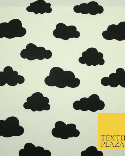 White with Black Dreamy Floating Clouds Printed Cotton Canvas Fabric 56" 4763