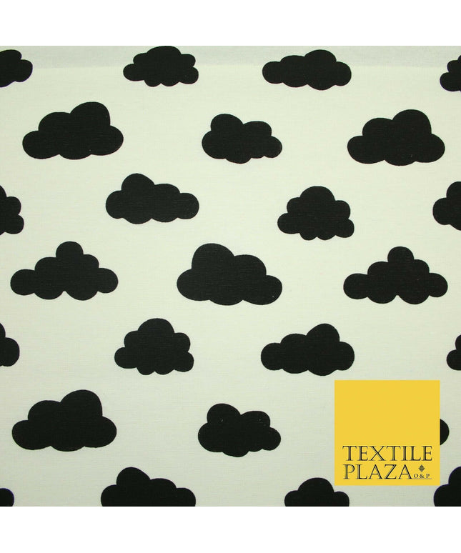 White with Black Dreamy Floating Clouds Printed Cotton Canvas Fabric 56" 4763