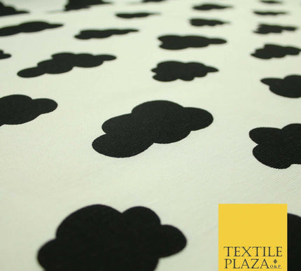 White with Black Dreamy Floating Clouds Printed Cotton Canvas Fabric 56" 4763