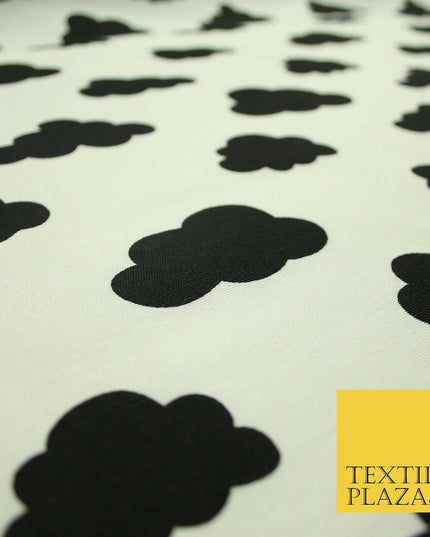 White with Black Dreamy Floating Clouds Printed Cotton Canvas Fabric 56" 4763