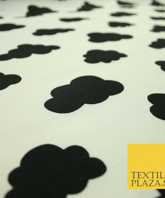 White with Black Dreamy Floating Clouds Printed Cotton Canvas Fabric 56" 4763