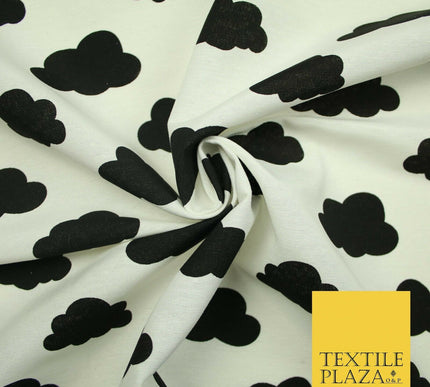 White with Black Dreamy Floating Clouds Printed Cotton Canvas Fabric 56" 4763