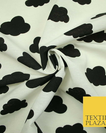 White with Black Dreamy Floating Clouds Printed Cotton Canvas Fabric 56" 4763